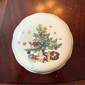 Nikko Japan Christmas Vintage 5" Covered Candy Dish Teddy Bear, Tree & Bells